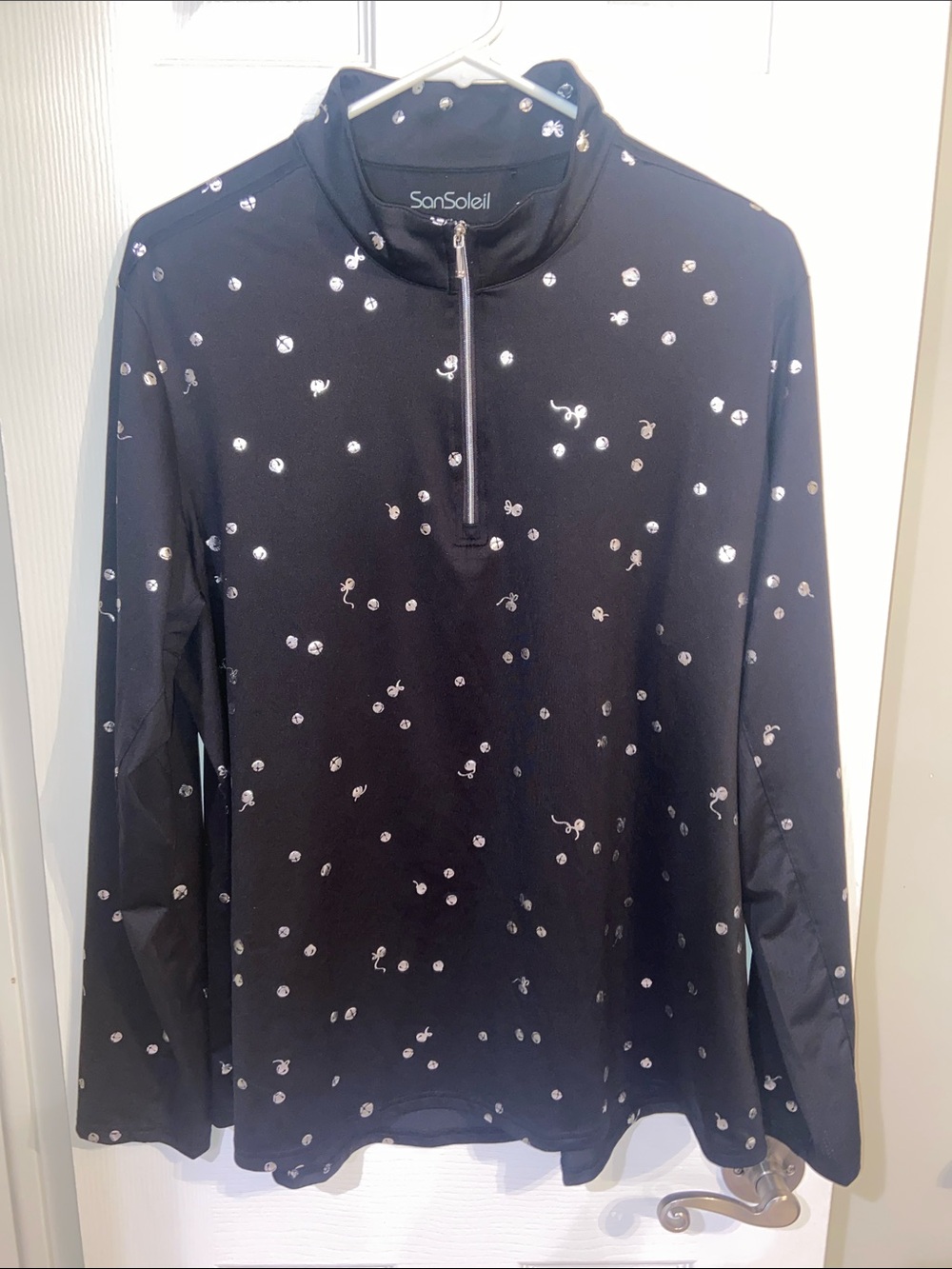 San Soleil XL Black Silver Print 1/4 Zip Long Sleeve Top